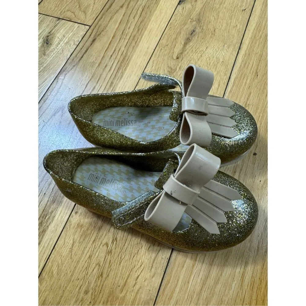 Mini Melissa Gold Glitter Tassel Brown Shoes Size 7